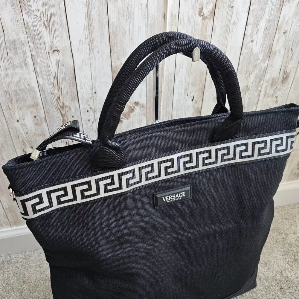 Versace Black Canvas Tote with Greek Key Trim